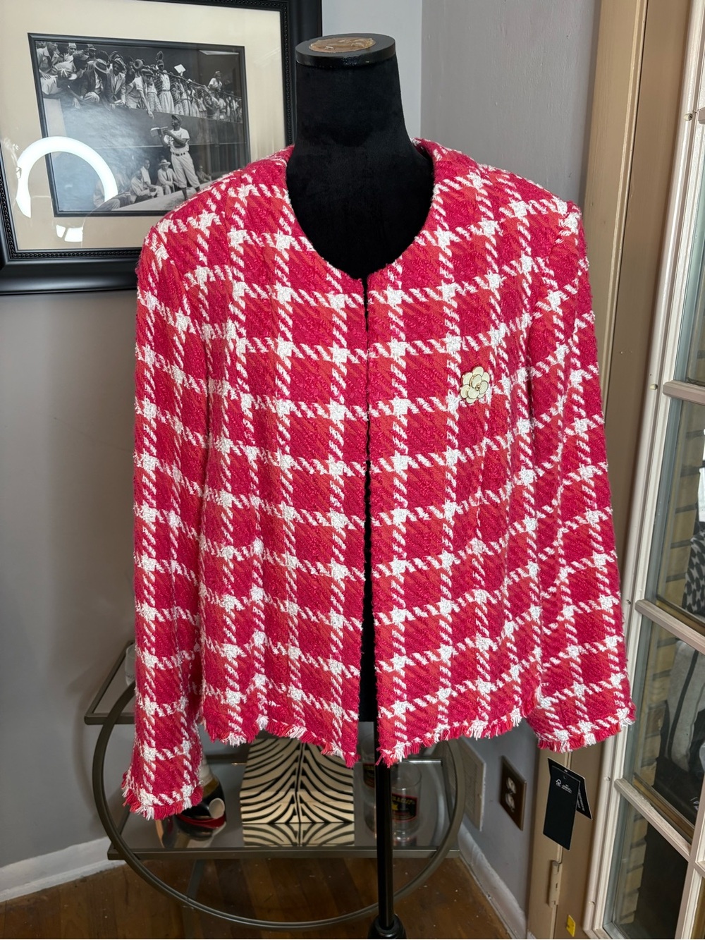 Karl Lagerfeld Pink and White Plaid Tweed Blazer